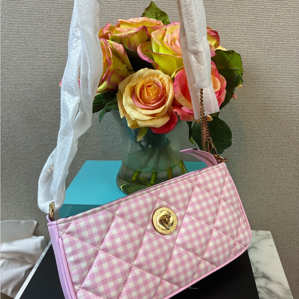 NWT Authentic Versace Pink & White Plaid Fabric Shoulder Bag w/ Dustbag & Box - Picture 3 of 12